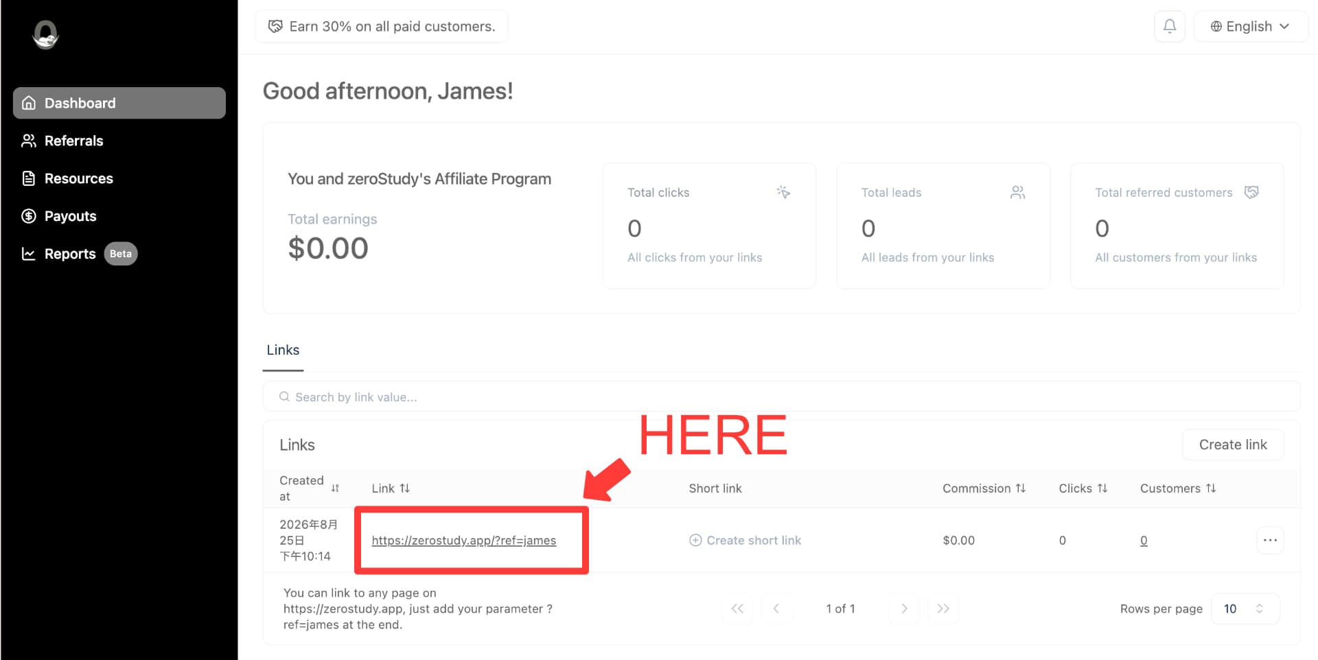 Location of the unique referral link in the Tolt Partner Dashboard