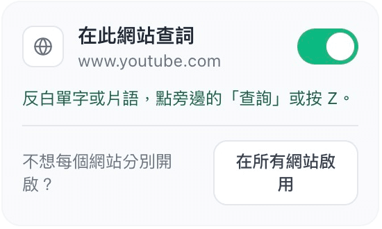The website word lookup switch in the zeroStudy popup, shown enabled in green