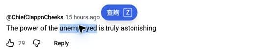 The word unemployed selected in a YouTube comment, with the Lookup button and Z shortcut beside it